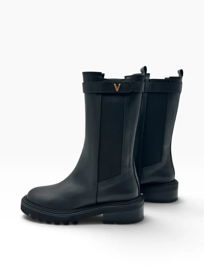 Stivaletto Biker Via Roma 15 in Pelle Nera con V Dorata Tacco H 5 cm art. 4417 Malibù Nero, foto 3 di 4