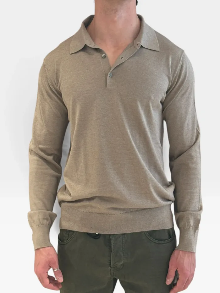 Polo Manica Lunga Con Bottoni Della Ciana in Seta e Cashmere Tortora Art. DC2-14015 245 TORTORA, foto 1 di 2