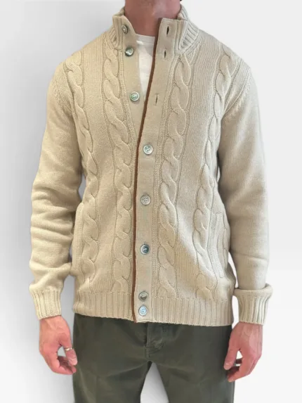 Cardigan Bluson Beige Della Ciana in Misto Lana Cashmere Con Trecce art. DC2-18566 230 SABBIA