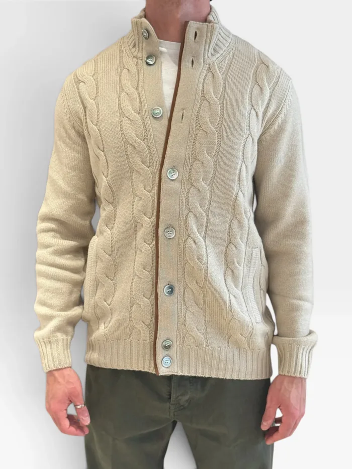 Cardigan Bluson Beige Della Ciana in Misto Lana Cashmere Con Trecce art. DC2-18566 230 SABBIA, foto 1 di 2