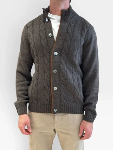 Cardigan Bluson Marrone Scuro Della Ciana in Misto Lana Cashmere Con Trecce art. DC2-18566 225 LEGNO