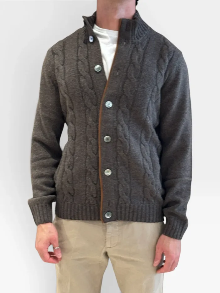 Cardigan Bluson Marrone Scuro Della Ciana in Misto Lana Cashmere Con Trecce art. DC2-18566 225 LEGNO, foto 1 di 2