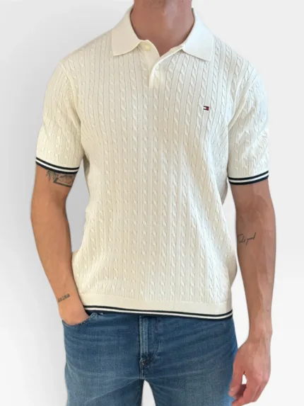 Polo Manica Corta In Cotone a Treccia Regular Fit Uomo Tommy Hilfiger Avorio art. MW0MW40701 Z00