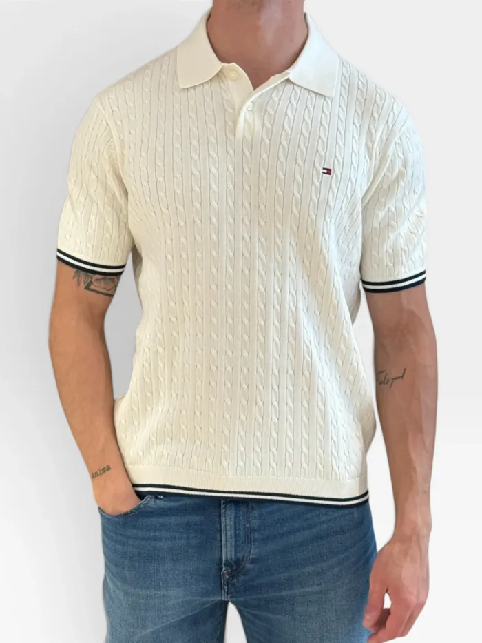 Polo Manica Corta In Cotone a Treccia Regular Fit Uomo Tommy Hilfiger Avorio art. MW0MW40701 Z00, foto 1 di 3