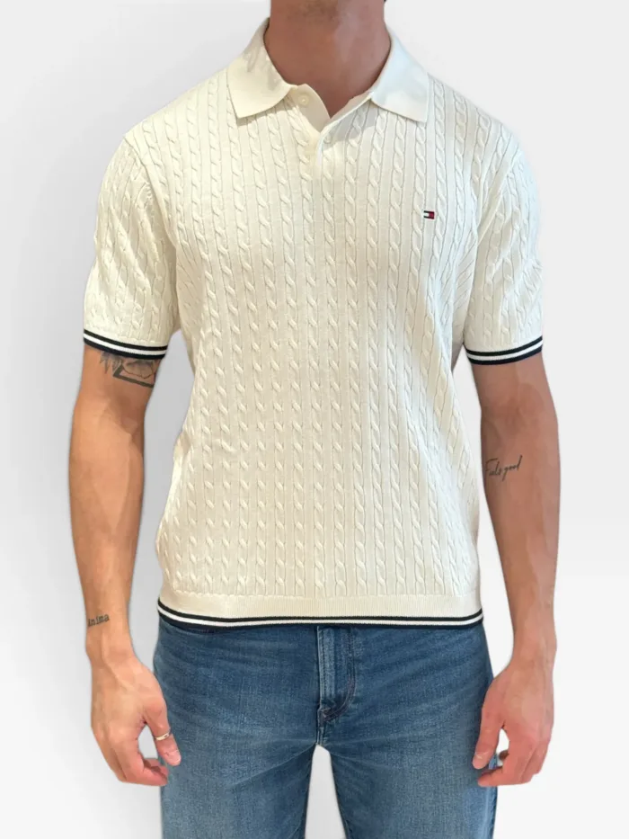 Polo Manica Corta In Cotone a Treccia Regular Fit Uomo Tommy Hilfiger Avorio art. MW0MW40701 Z00, foto 2 di 3