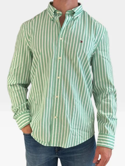 Camicia In Cotone Regular Fit Uomo Tommy Hilfiger Bacchettato Verde e Bianco art. MW0MW43315 0CD