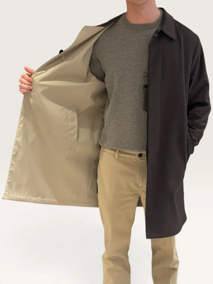 Cappottino Reversibile Double Face Uomo Richard Smith in Nylon Olmetex Beige Nocciola e Puro Cashmere Testa di Moro Art Apollo, foto 4 di 4