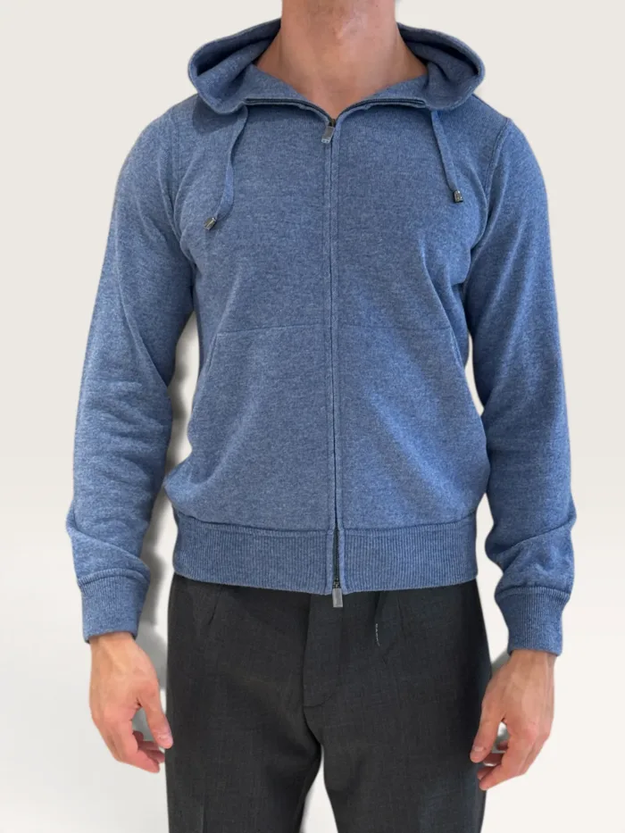 Felpa In Maglia con Cappuccio E Zip Filippo De Laurentiis in Misto Lana Cashmere Azzurro Carta da Zucchero art. FH1ML2AT WC12R 871, foto 1 di 3