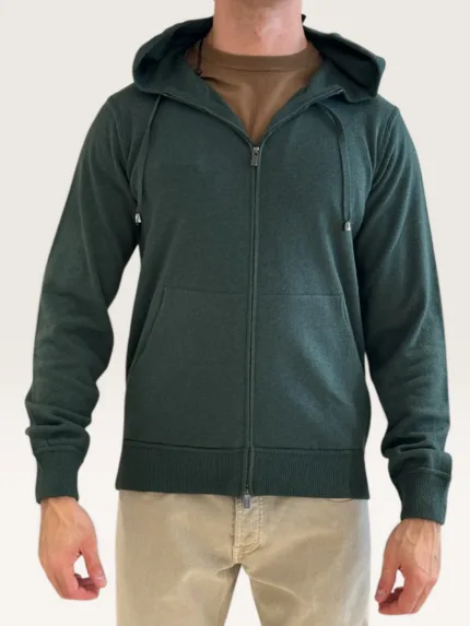 Felpa In Maglia con Cappuccio E Zip Filippo De Laurentiis in Misto Lana Cashmere Verde Bottiglia art. FH1ML2AT WC12R 680