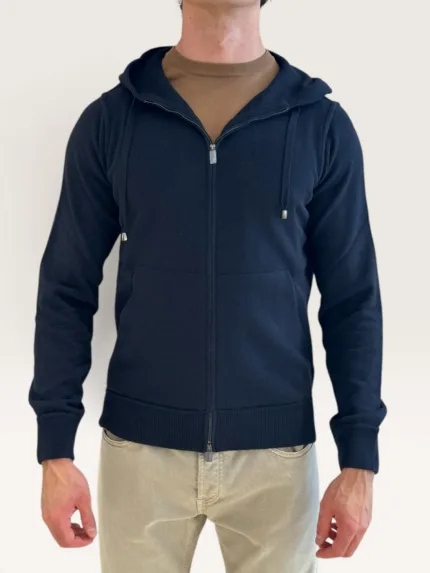 Felpa In Maglia con Cappuccio E Zip Filippo De Laurentiis in Misto Lana Cashmere Blu Notte art. FH1ML2AT WC12R 890