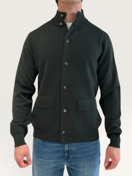Cardigan Blouson Filippo De Laurentiis in Lana Punto Milano Verde Militare art. BB1MLT WM14M 591