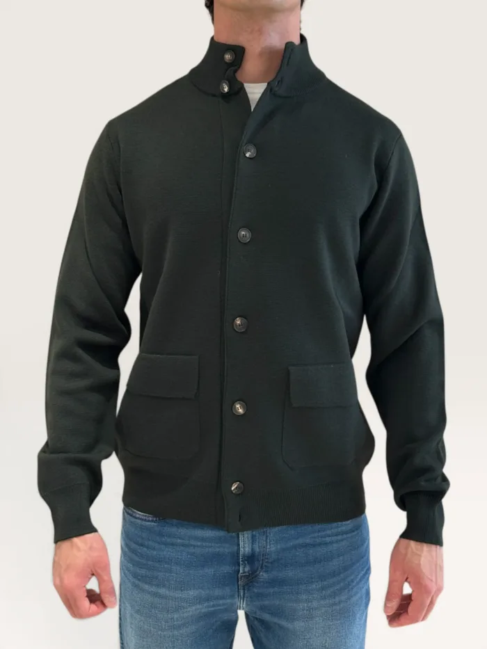 Cardigan Blouson Filippo De Laurentiis in Lana Punto Milano Verde Militare art. BB1MLT WM14M 591, foto 1 di 3