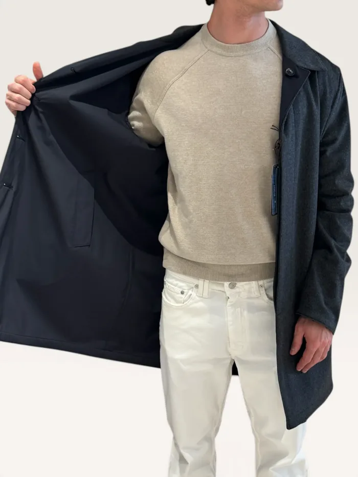 Cappottino Reversibile Double Face Uomo Richard Smith in Nylon Olmetex Blu e Puro Cashmere Grigio Antracite Art Apollo, foto 2 di 3