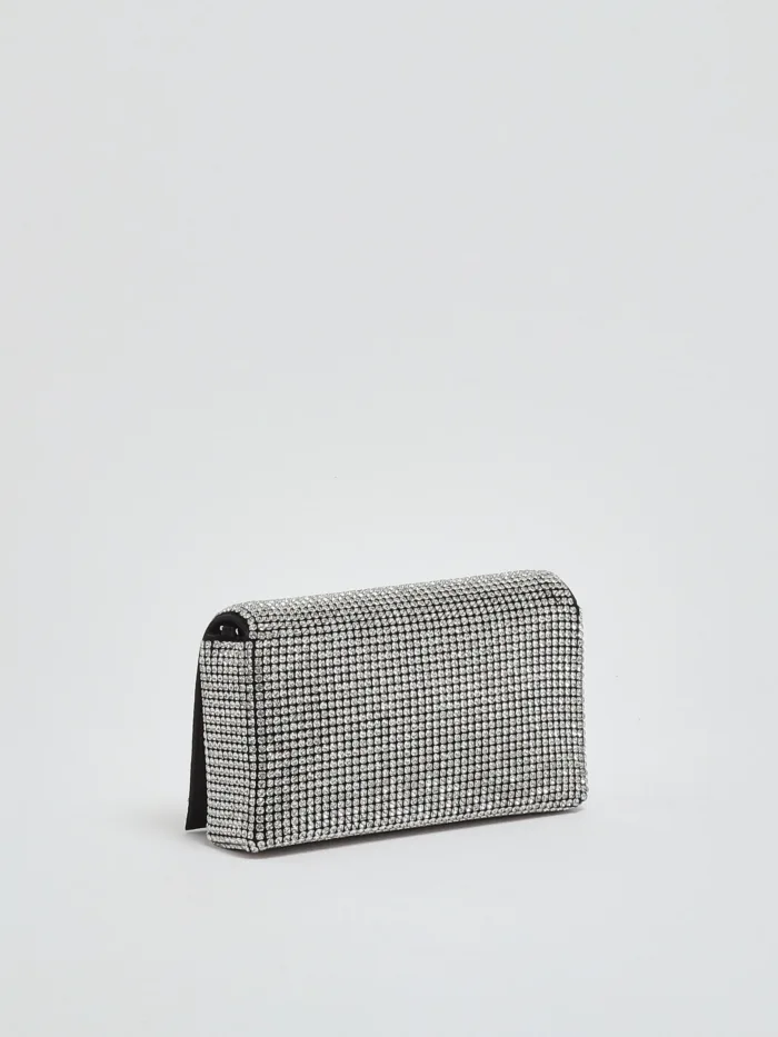 Pochette con Tracolla Twentyfourhaitch in Raso Nero e Strass Argento art. Luniva Arg, foto 2 di 5