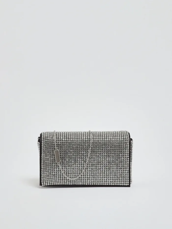 Pochette con Tracolla Twentyfourhaitch in Raso Nero e Strass Argento art. Luniva Arg, foto 3 di 5