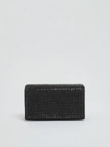 Pochette con Tracolla Twentyfourhaitch in Raso Nero e Strass Neri art. Luniva Ner