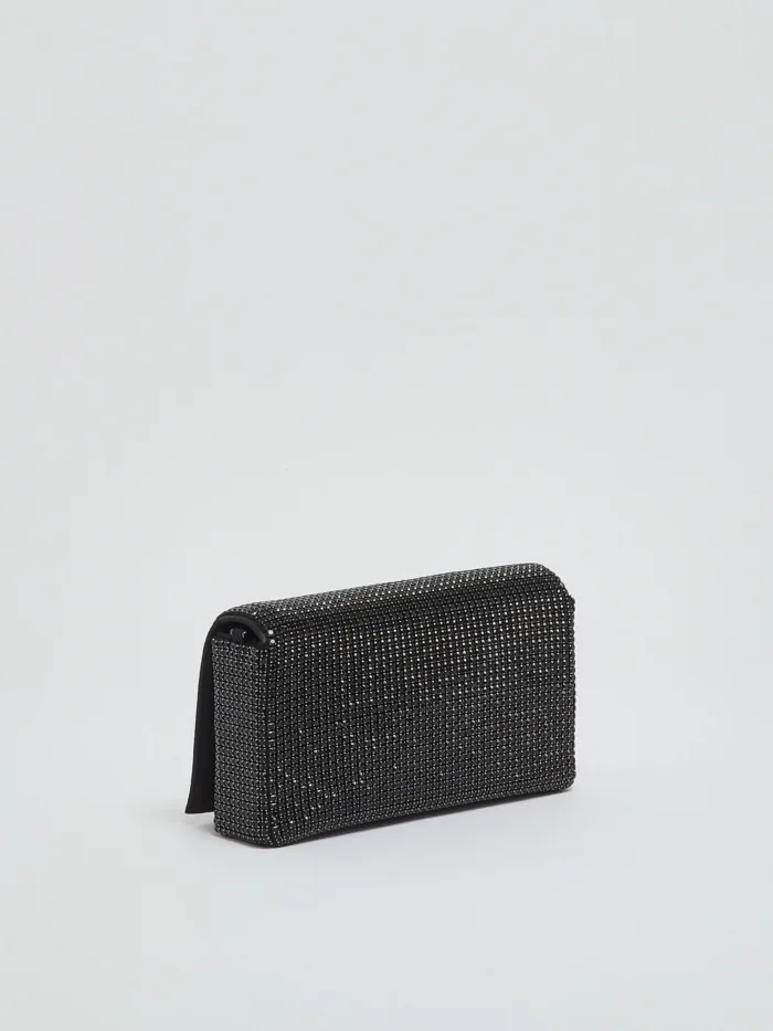 Pochette con Tracolla Twentyfourhaitch in Raso Nero e Strass Neri art. Luniva Ner, foto 3 di 6