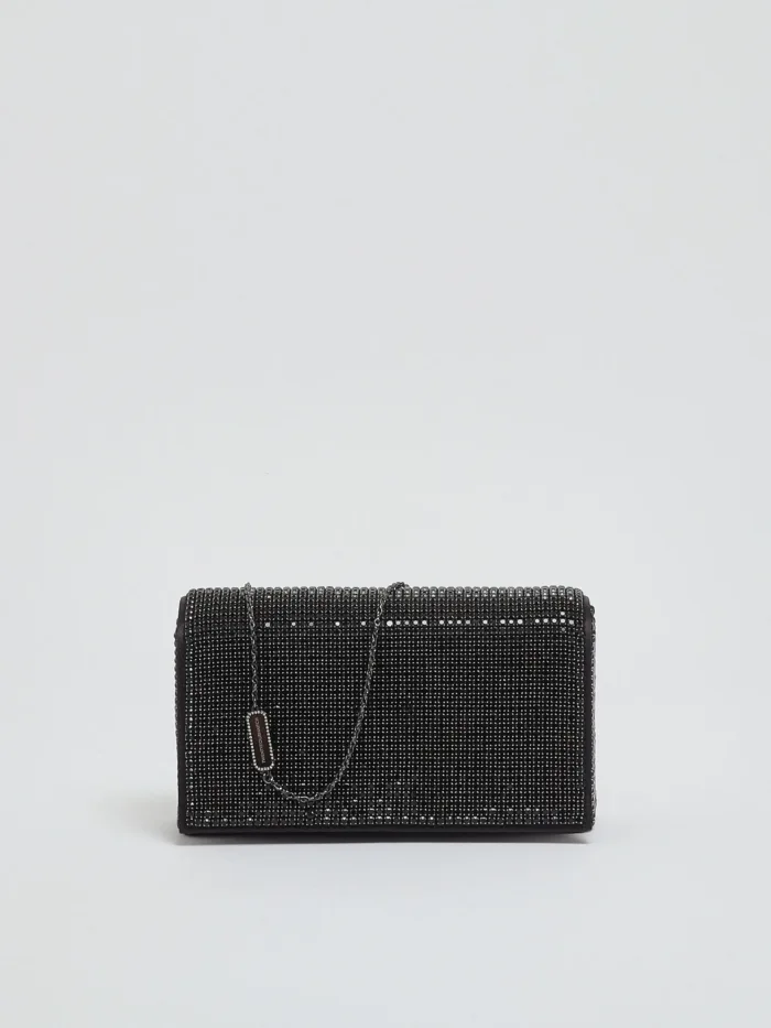 Pochette con Tracolla Twentyfourhaitch in Raso Nero e Strass Neri art. Luniva Ner, foto 4 di 6