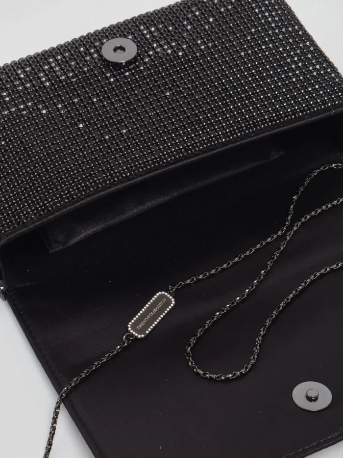 Pochette con Tracolla Twentyfourhaitch in Raso Nero e Strass Neri art. Luniva Ner, foto 6 di 6