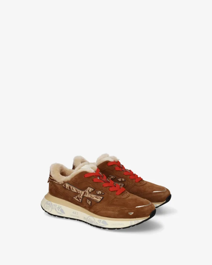 Sneakers Premiata Donna in Camoscio Cuoio, Pellicciotto Interno e Dettagli Maculati art. Lauryn 8532M, foto 2 di 5