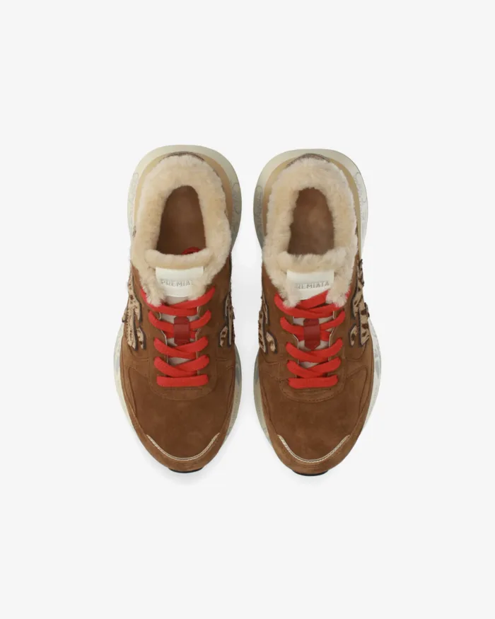 Sneakers Premiata Donna in Camoscio Cuoio, Pellicciotto Interno e Dettagli Maculati art. Lauryn 8532M, foto 4 di 5