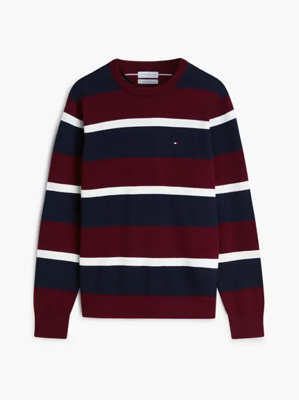 Maglione Girocollo Uomo In Cotone e Cashmere Tommy Hilfiger Righe Bordeaux, Blu, Bianca art. MW0MW28046 0A7
