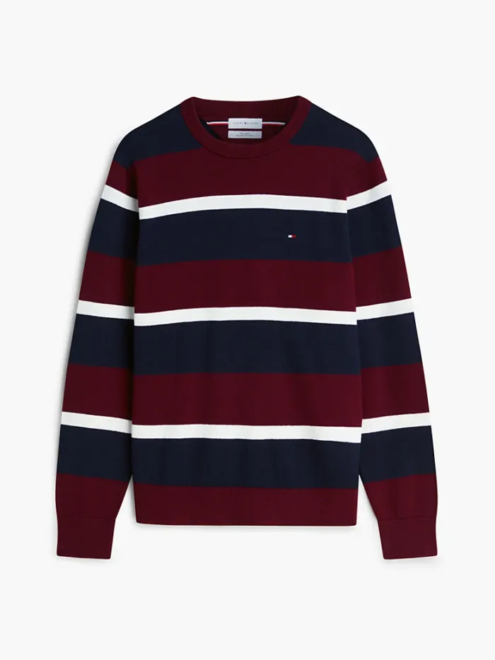 Maglione Girocollo Uomo In Cotone e Cashmere Tommy Hilfiger Righe Bordeaux, Blu, Bianca art. MW0MW28046 0A7, foto 1 di 3