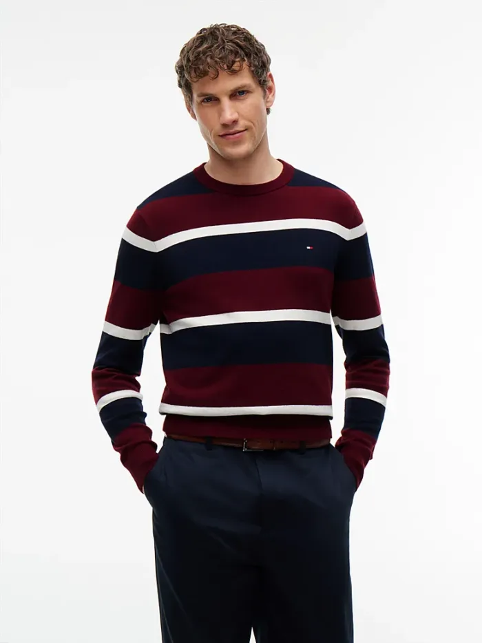 Maglione Girocollo Uomo In Cotone e Cashmere Tommy Hilfiger Righe Bordeaux, Blu, Bianca art. MW0MW28046 0A7, foto 2 di 3