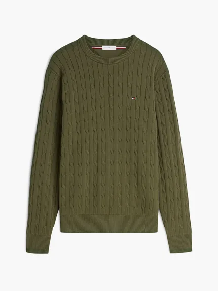 Maglione in Cotone Girocollo Uomo con Trecce Tommy Hilfiger Verde art. MW0MW33132 MT1