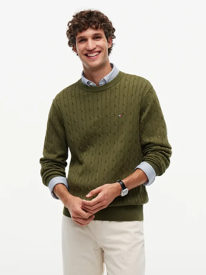 Maglione in Cotone Girocollo Uomo con Trecce Tommy Hilfiger Verde art. MW0MW33132 MT1, foto 2 di 3