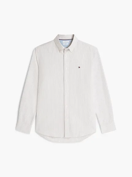 Camicia Uomo Tommy Hilfiger Oxford Regular Fit in Cotone a Righe Beige Fondo Bianco cod MW0MW36238 0AA