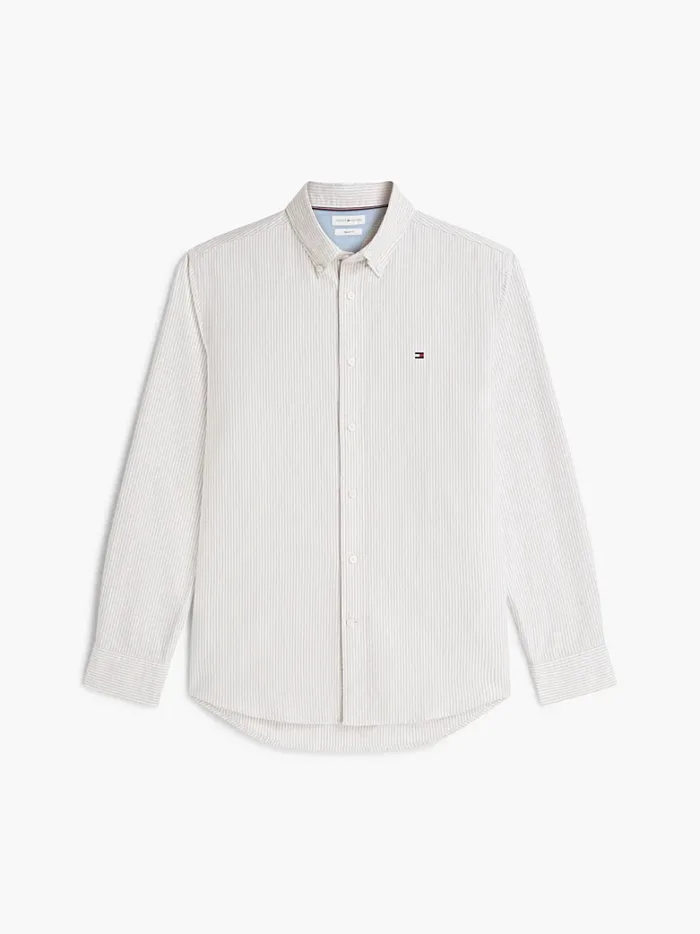 Camicia Uomo Tommy Hilfiger Oxford Regular Fit in Cotone a Righe Beige Fondo Bianco cod MW0MW36238 0AA, foto 1 di 3