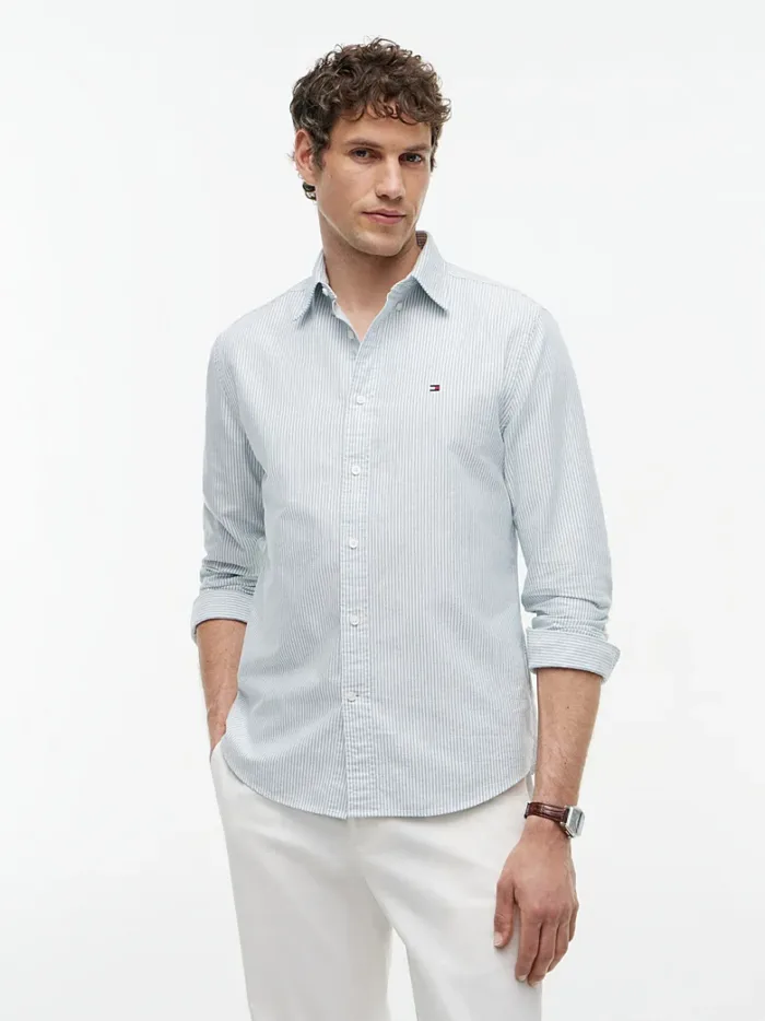 Camicia Uomo Tommy Hilfiger Oxford Regular Fit in Cotone a Righe Verdi Fondo Bianco cod MW0MW36238 0CD, foto 2 di 3