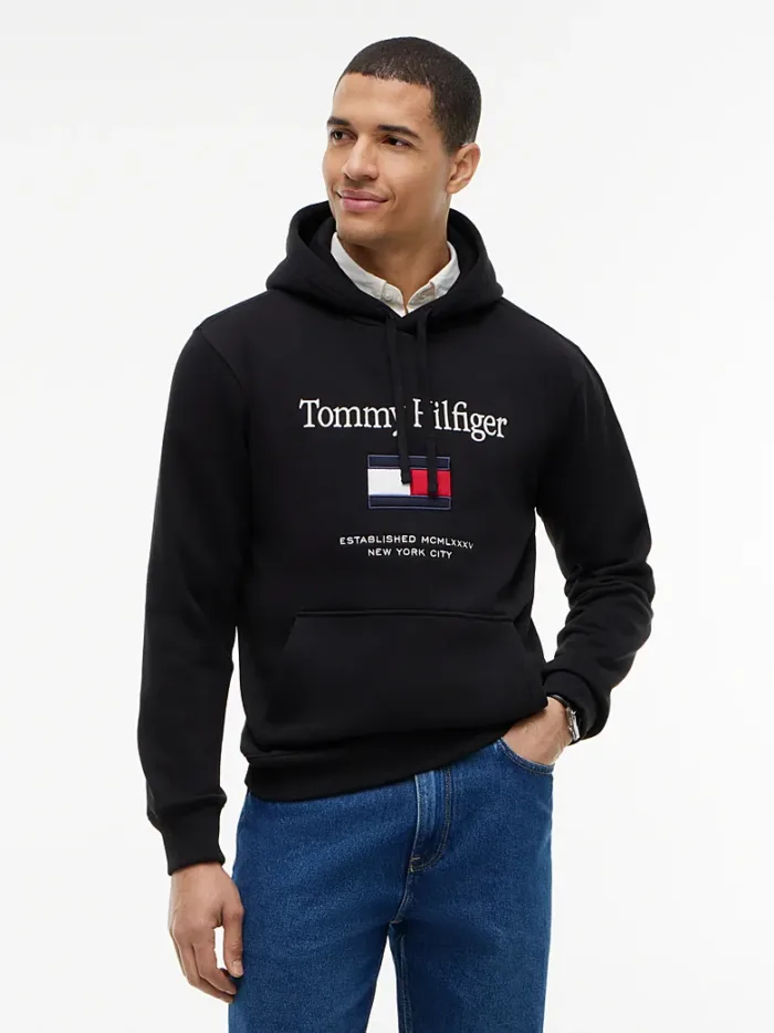 Felpa Nera con Cappuccio e Logo Ricamato Tommy Hilfiger art. MW0MW42735 BDS, foto 2 di 3