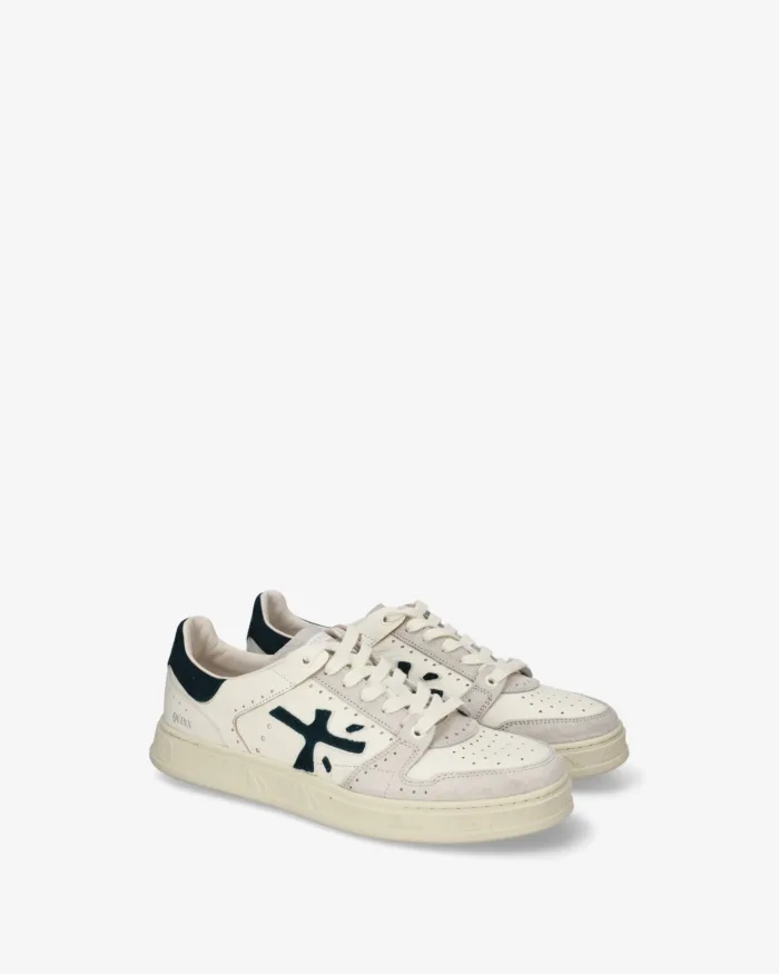 Sneakers Premiata Uomo in Pelle Avorio e Dettagli in Camoscio Verde art. Quinn 8650, foto 2 di 5