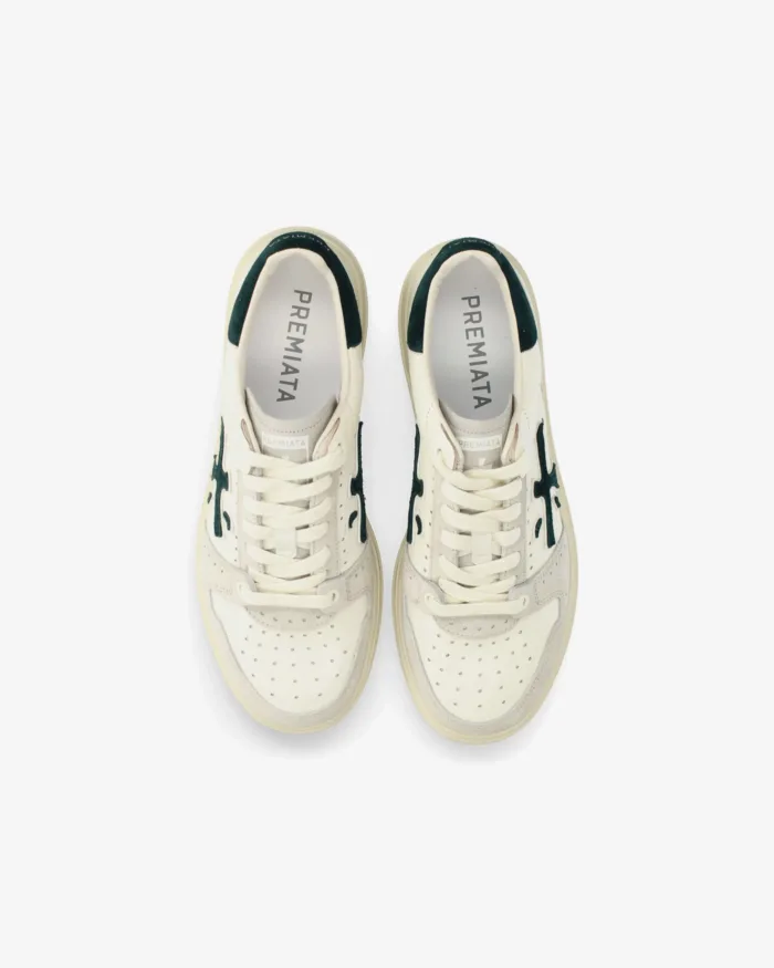Sneakers Premiata Uomo in Pelle Avorio e Dettagli in Camoscio Verde art. Quinn 8650, foto 5 di 5