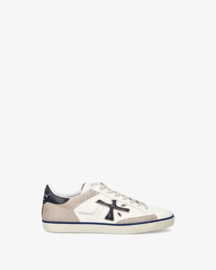 Sneakers Premiata Uomo Tomaia in Pelle Bianca e Camoscio Beige art.  Steven 7285