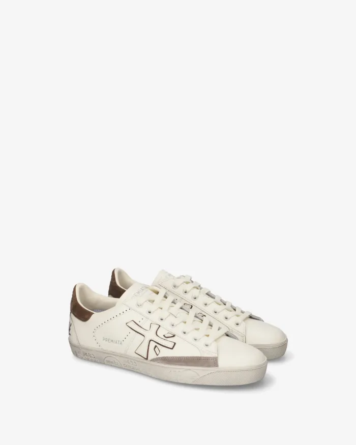 Sneakers Premiata Uomo in Pelle Avorio e Dettagli in Camoscio Tortora art. Steven 8476, foto 2 di 5