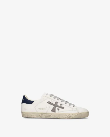 Sneakers Premiata Uomo in Pelle Bianca e Dettagli Blu art. Steven 8479