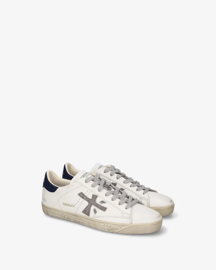 Sneakers Premiata Uomo in Pelle Bianca e Dettagli Blu art. Steven 8479, foto 2 di 5