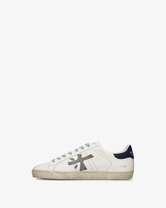 Sneakers Premiata Uomo in Pelle Bianca e Dettagli Blu art. Steven 8479, foto 3 di 5