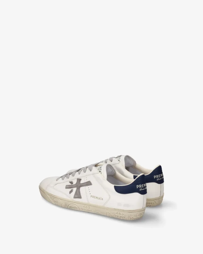 Sneakers Premiata Uomo in Pelle Bianca e Dettagli Blu art. Steven 8479, foto 4 di 5