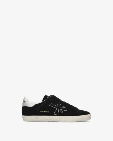Sneakers Premiata Donna in Camoscio Nero con Dettagli Bianchi art. Stevend 8487