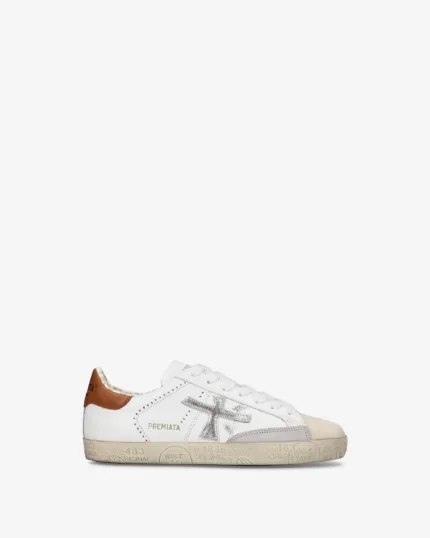 Sneakers Premiata Donna in Pelle Bianca e Dettagli Marrone art. Stevend 8489