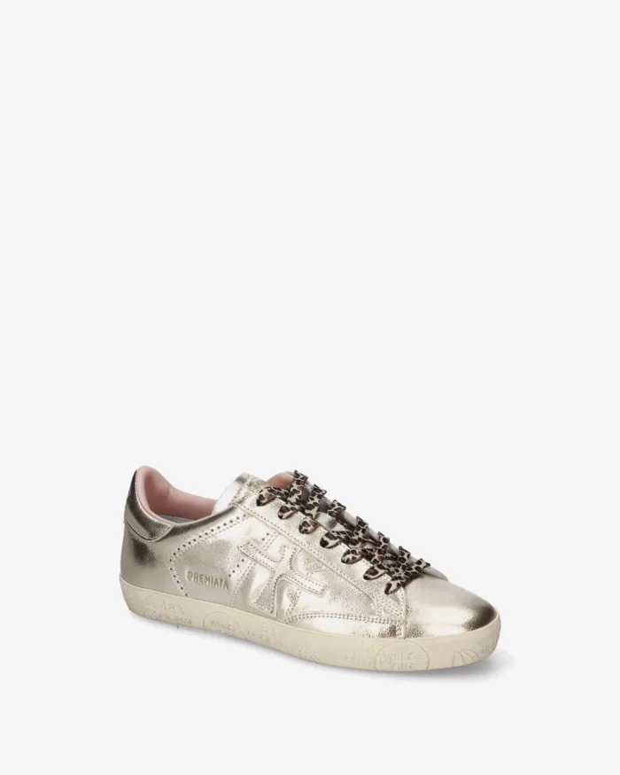 Sneakers Premiata Donna in Pelle Platino e Lacci Maculati art. Stevend 8491, foto 4 di 5