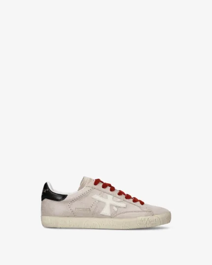 Sneakers Premiata Donna in Pelle Beige con Dettagli Neri e Rossi art. Stevend 8492