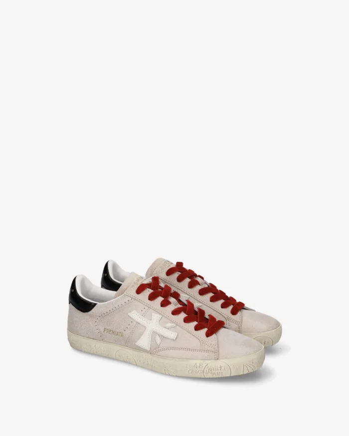 Sneakers Premiata Donna in Pelle Beige con Dettagli Neri e Rossi art. Stevend 8492, foto 2 di 4