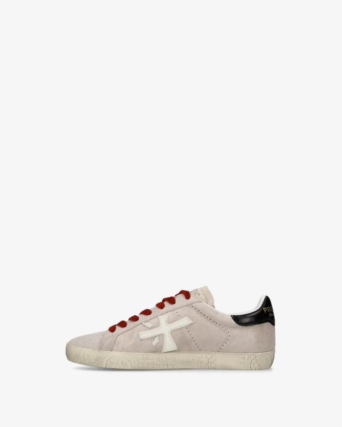 Sneakers Premiata Donna in Pelle Beige con Dettagli Neri e Rossi art. Stevend 8492, foto 3 di 4