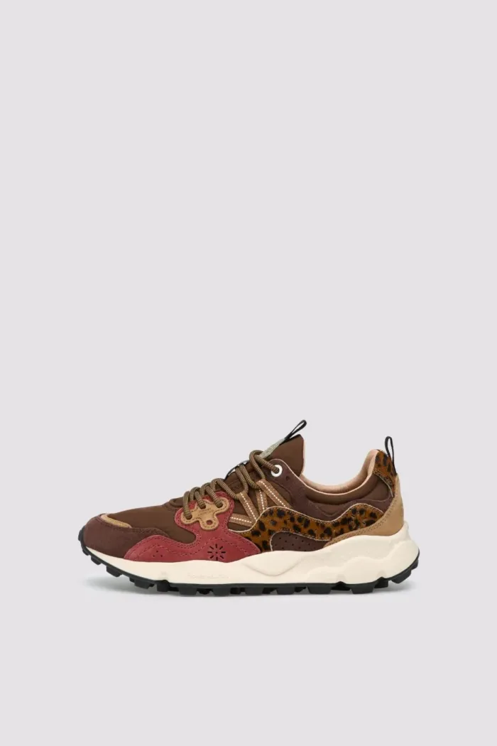Sneakers Flower Mountain Donna in Camoscio e Nylon Marrone Dettagli Animalier art. Yamano 3 Uni 1D34 Brown Bordeaux, foto 1 di 5