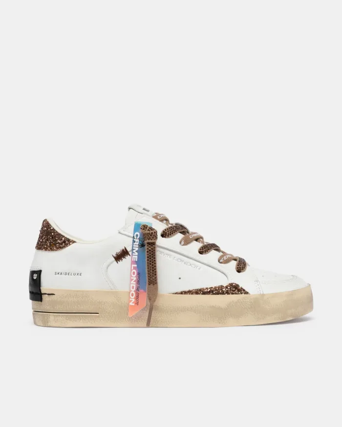 Sneaker Donna Crime London SK8 Deluxe in Pelle Bianca e Glitter Bronzo art. 23104AA9.10, foto 1 di 3